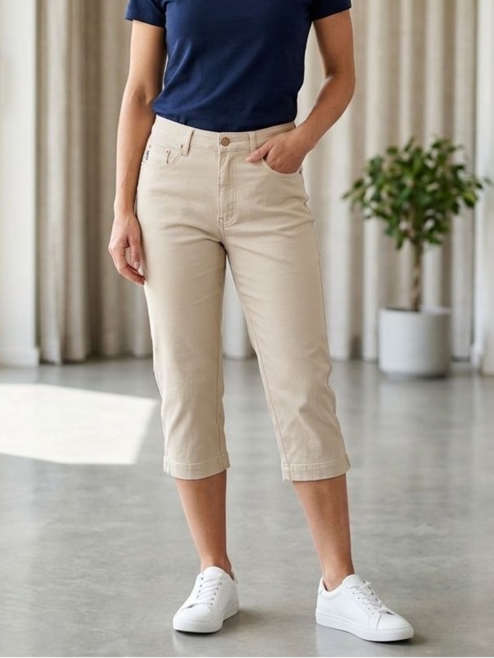 Pioneer Classic Navy Crewneck Tee with Beige Cropped Pants